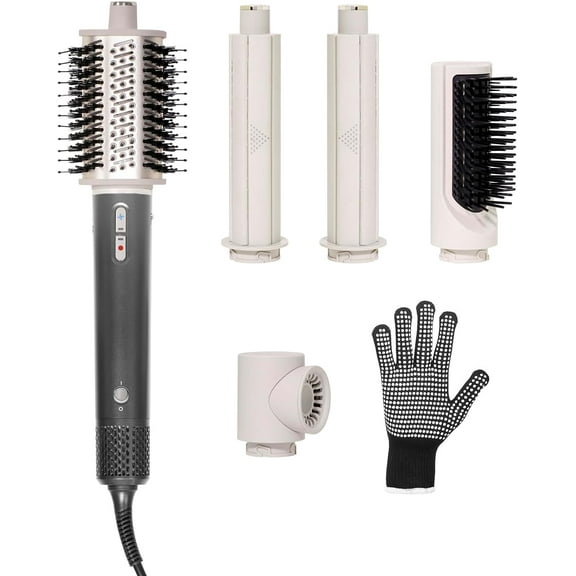 CNV 5-in-1 Multifunctional Styling Hair Dryer Brush, 11000RPM Motor with Negative ion tech. Includes auto Curler, Paddle Brush, Oval Brush, Concentrator Nozzle, and Heat-Resistant Glove (Grey)
