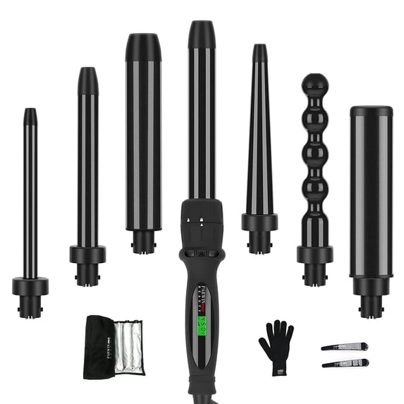CNV 7 in 1 Curling Iron Wand Set,Dual Voltage Curling Wand with 7 Interchangeable Diamond Ceramic Hair Curler Wands with LCD Temperature Control Auto Shut Off Black