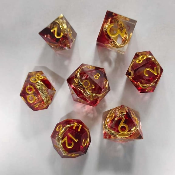 CNV 7-Piece Ancient Relic Ring Dice Set with Preserved Flowers, Sharp Edge Polyhedral Resin Dice for TRPG Tabletop Games, Mythical Fantasy Collectible Dice Kit