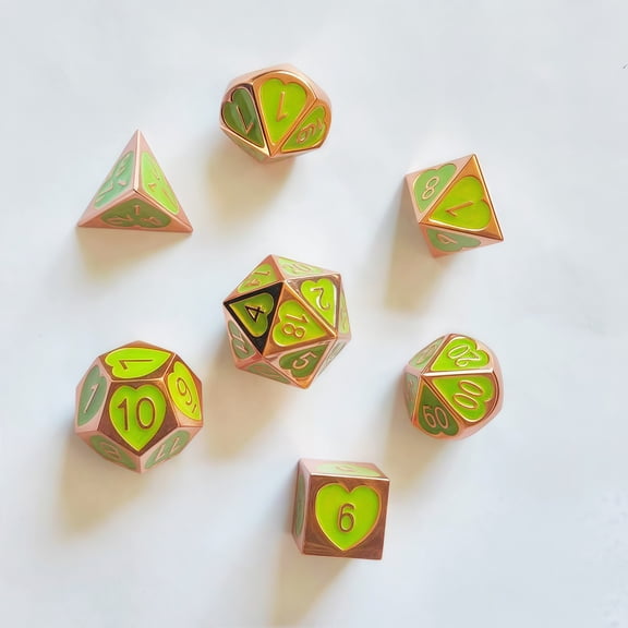 CNV 7-Piece Romantic Heart Metal Dice Set, Heavyweight Zinc Alloy Polyhedral RPG Dice with Pink Enamel, Decorative Tabletop Gaming Accessory for Gift