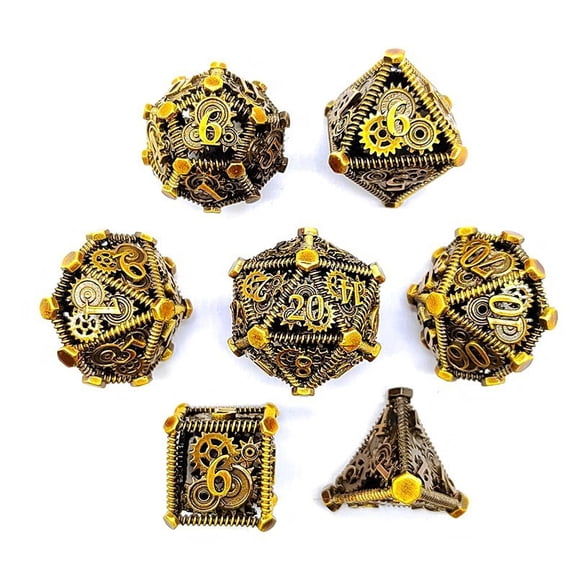 CNV 7-Piece Steampunk Hollow Gear Metal Dice Set, Mechanical Clockwork Polyhedral RPG Dice for TRPG Tabletop Games, Antique Bronze Finish, Fantasy Gaming Accessory
