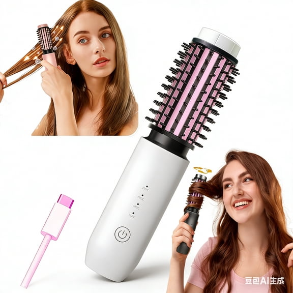 CNV Cordless 2-in-1 Ionic Hair Styler, Curling Iron & Straightening Brush with 4 Temperatures USB-C Rechargeable (White & Pink)