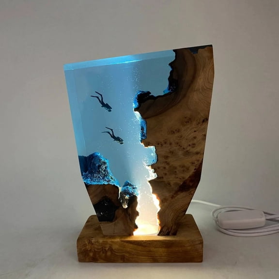 CNV Deep Sea Diver Resin Wood Night Light, Handcrafted Cave Exploration Sculpture Lamp with Wooden Base, Unique Ocean Themed Desk Decor for Bedroom & Office (22*17cm)