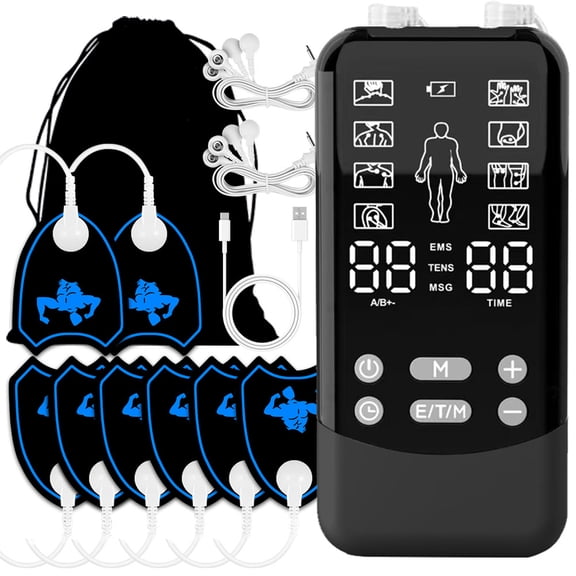 CNV Dual Channel Muscle Stimulator with Humanoid LCD Screen, 12 Modes Electronic Pulse Massager for Full Body Relaxation, Portable Wellness Tool with 8 Pads, Black