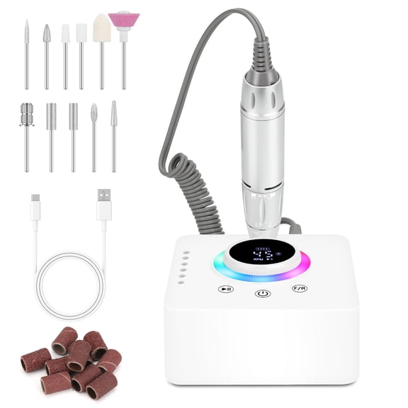 CNV Electric Nail Drill Machine for Professional Manicures, 45000RPM High Speed Tabletop E-File with RGB Light and LCD Display, 6 Metal Drill Bits, USB
