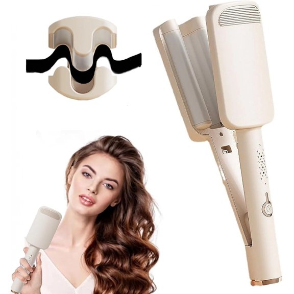 CNV Ionic Deep Waver Hair Curler Tool Ceramic 3 Barrel Fast Heating Anti Scald Dual Voltage 4 Temp Adjustable Curling Wand for Short and Long Hair Beige