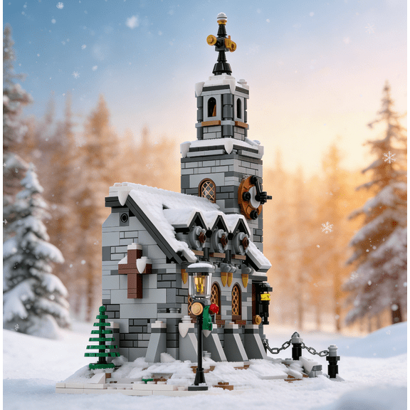 CNV MOC-58208 Winter Church Building Blocks, Snow-Covered Medieval Church Model with LED Street Lamp, Compatible with Major Bricks, Collectible Christmas Decor Toy