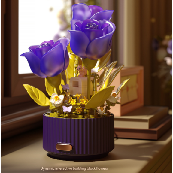 CNV Magical Blooming Rose Building Set 255PCS Electric Motorized Flowers with LED Lights & Original Music, Interactive STEM Gift for Women & Valentines Day