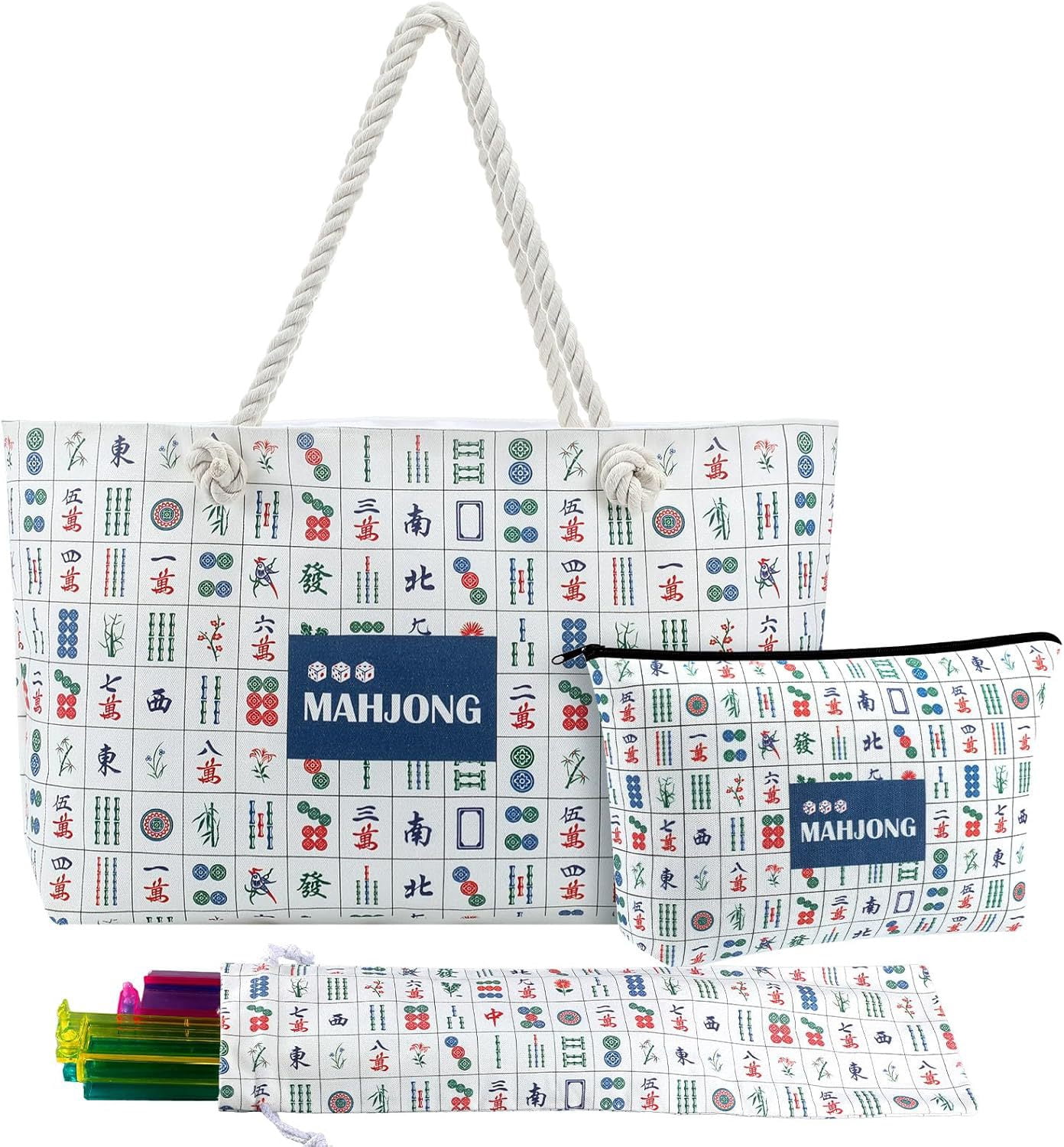 CNV Mahjong Tote Bag Set - 3-Piece Canvas Carrying Case with Blue and ...