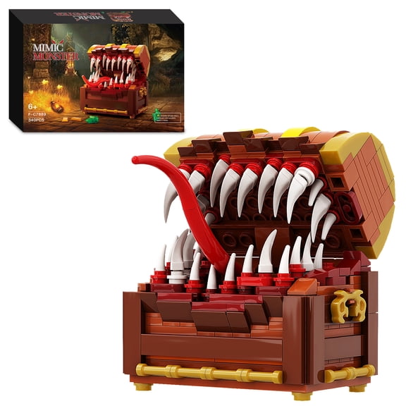 CNV Mimic Chest Building Blocks, Monster Treasure Chest with Articulated Tongue & Teeth, Compatible with Major Building Bricks, Kids Fantasy Toy