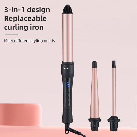 CNV Modular 3-in-1 Hair Styler Kit with Interchangeable Ceramic Barrels, Digital LCD Curling Wand Set for Multi-Style Waves and Defined Curls, Rapid Heating, Pink Gold