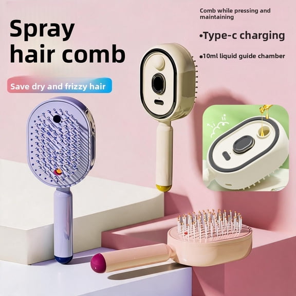 CNV Moisture-Infusion Ionic Massage Brush for Frizz-Free Hair, Intelligent Misting Air Cushion Comb with Soothing Red Light for Root Nourishment, USB Rechargeable