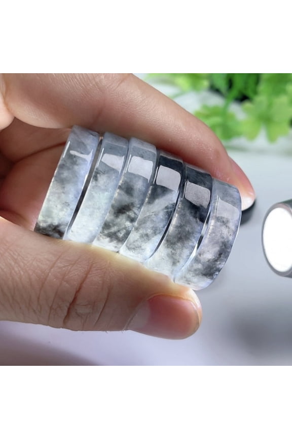 Natural Ink-Wash Style Jadeite Ring, Icy Translucent Black Mottled Jade Band, Hand-Polished Natural Gemstone Finger Ring for Men and Women