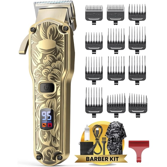 CNV Premium All-Metal Electric Hair Clipper Set, Retro Engraved Design Grooming Tool for Home & Salon, High-Performance Wireless Hair Cutter with Accessories, Gold