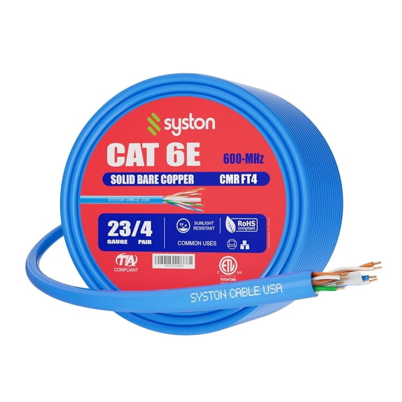 CNV-Premium Cat 6E Ethernet Network Cable 10ft, 23AWG Solid Bare Copper Wire, 600MHz High Bandwidth Bulk Cable, CMR Riser Rated for Indoor and Outdoor Installation, UV & Heat Resistant, Blue
