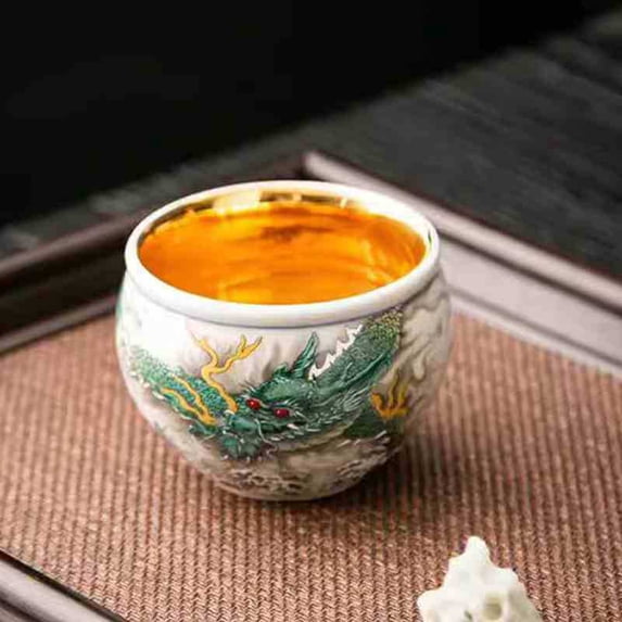 CNV Premium Gold-Washed Porcelain Teacup Set with Imperial Dragon Motif, Luxury Handcrafted Ceramic Master Cups for Tea Ceremony