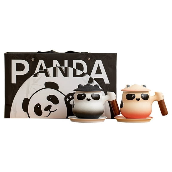 CNV Premium Panda Tea-Water Separation Mug Set of 2, Office Ceramic Brewing Cup with Strainer and Lid, Aesthetic Panda Coffee Mugs with Natural Wood Handle, Exquisite Gift Packaging