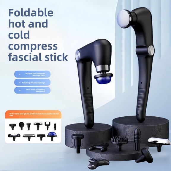 CNV Professional Foldable Fascia Gun with Hot & Cold Compress, 180 ° Rotating Handheld Percussion Massager for Deep Tissue Recovery, 10 Styling Heads