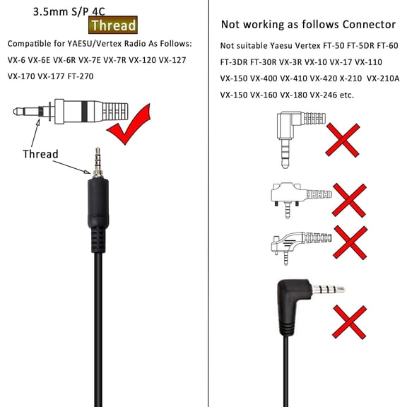 CNV-Professional G-Shape Radio Earpiece with 3.5mm Threaded Jack, Security Headset with PTT Mic Compatible with Yaesu Vertex VX-6R, VX-7R, VX-170, and FT-270 Two-Way Radios, Secure Screw-In Connector