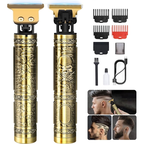 CNV Professional Gold Skeleton Trimmer for Barbers, Rechargeable Metal Edgers Clipper for Close Cutting, Zero Gapped Baldhead Shaver with Guide Combs, Gift for Him