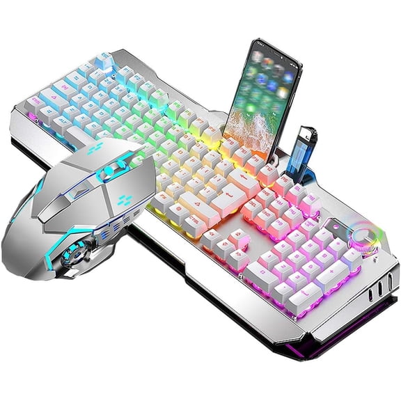 CNV Professional LED Rainbow Backlit Gaming Keyboard and Mouse Combo with Built-in Smartphone Holder Ergonomic PC Gaming Set with Mechanical Feel Keys and Integrated Wrist Rest,Wired USB Desktop Gear