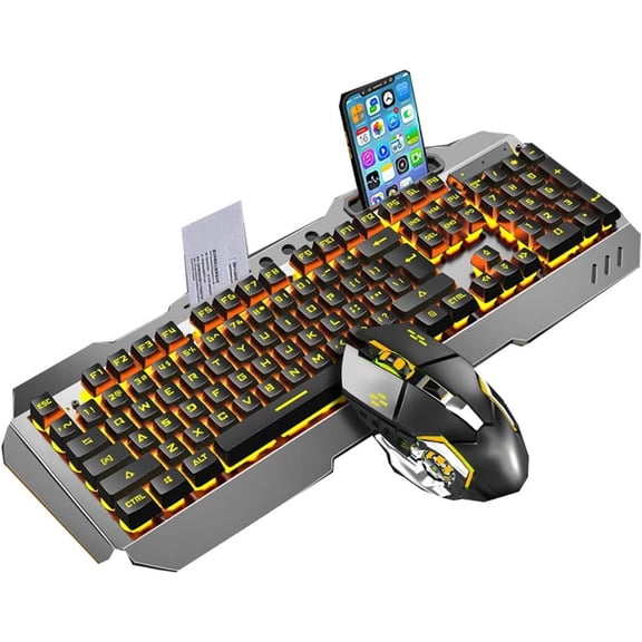 CNV Professional LED Rainbow Backlit Gaming Keyboard and Mouse Combo with Built-in Smartphone Holder Ergonomic PC Gaming Set with Mechanical Feel Keys and Integrated Wrist Rest,Wired USB Desktop Gear