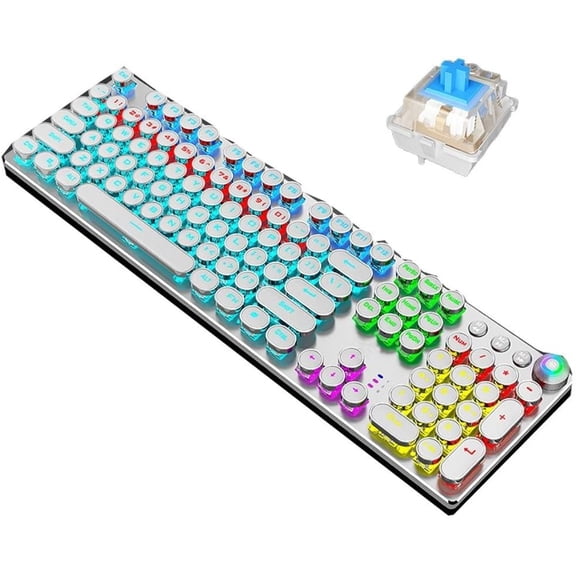 CNV Professional Retro Typewriter Mechanical Keyboard with Round Keycaps, Rainbow RGB Backlit Gaming Keyboard with Metal Panel, Tactile Blue Switches and Multimedia Control Knob, White