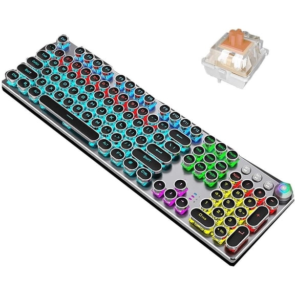 CNV Professional Retro Typewriter Mechanical Keyboard with Round Keycaps, Rainbow RGB Backlit Gaming Keyboard with Metal Panel, Tactile Blue Switches and Multimedia Control Knob, White