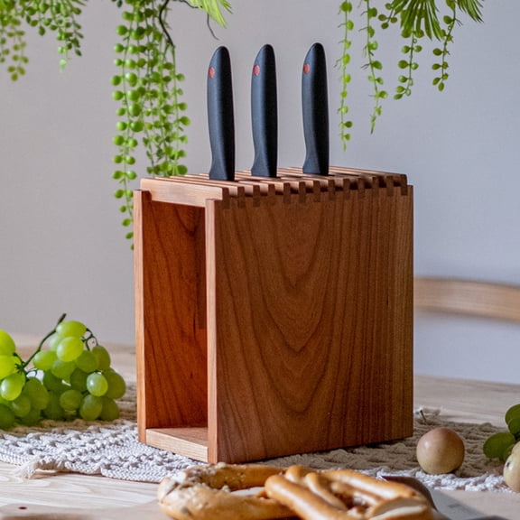 CNV Professional Universal Solid Wood Knife Block, Ventilated 7-Slot Kitchen Knife Organizer with Walnut Finish, Breathable Countertop Cutlery Holder for Chef and Paring Knives, Nordic Style