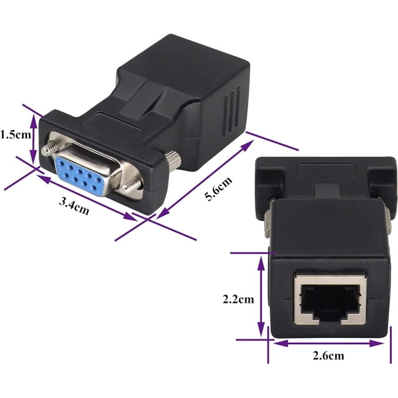 CNV-RS232 DB9 to RJ45 Serial Port Extender Adapter, 9-Pin Female COM Port to Ethernet Connector for Long Distance Data Transmission over Cat5/Cat6, Compatible with PC, Printer, and Projector, 2-Pack