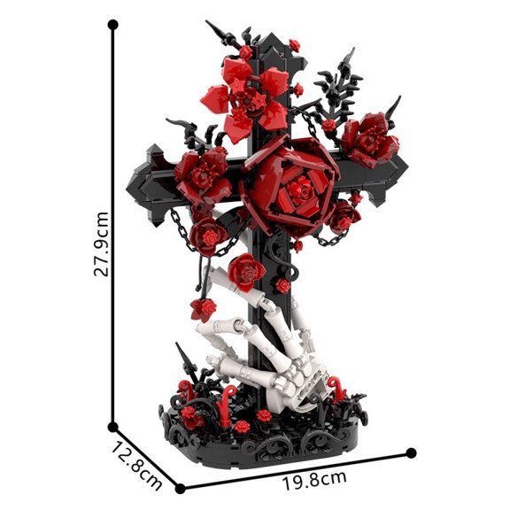 CNV Red Rose and Cross Building Blocks Set, 636 PCS Dark Romantic Floral Bouquet with Skeleton Hand Base, Creative DIY Tabletop Ornament for Home Office Decor, Unique Gift for Teens and Adults