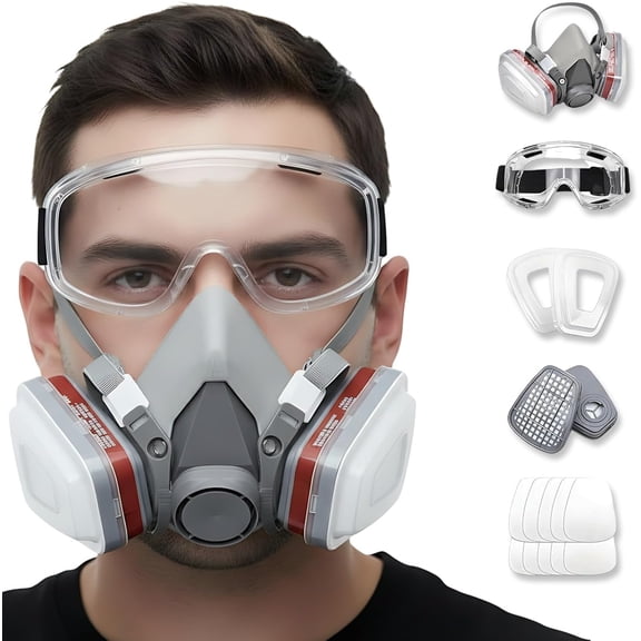 CNV Reusable Respirator Mask Set with Clear Safety Goggles, 10 Replacement Filters, Half Face Cover for Spray Painting, Woodworking, Welding & Dust Protection