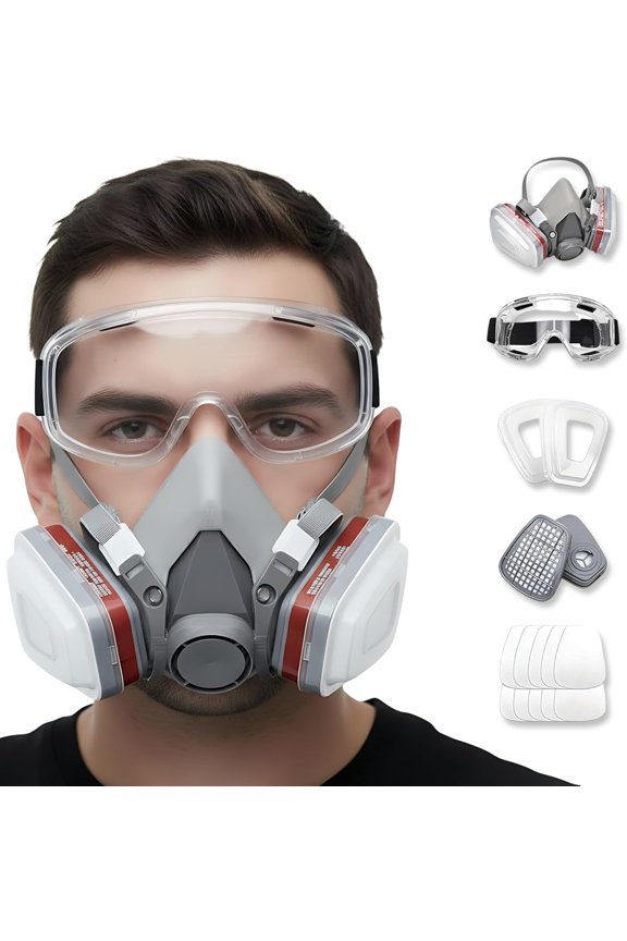 Reusable Respirator Mask Set with Clear Safety Goggles, 10 Replacement Filters, Half Face Cover for Spray Painting, Woodworking, Welding & Dust Protection
