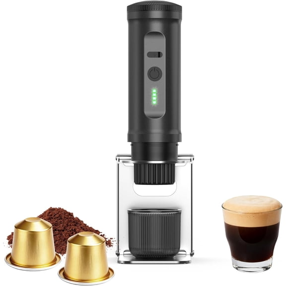 CNV Self-Heating Travel Espresso Maker with Integrated Folding Stand, Professional 20 Bar Electric Handheld Coffee Machine for Outdoor Adventures, 2-in-1 Versatility for Grounds and Capsules