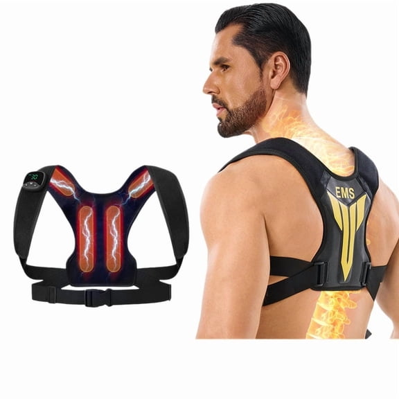 CNV Smart Back Posture Alignment Support with EMS Pulse & Vibration Massage, Adjustable Stability Brace for Shoulder & Spine Wellness, Wearable Technology Vest, Black