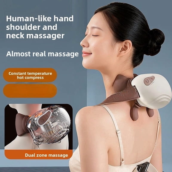 CNV Smart Wearable Neck and Shoulder Massager with Soothing Heat, Hands-Free Trapezius Muscle Stimulator for Daily Wellness, Adjustable Thermal Wrap, Cream Beige