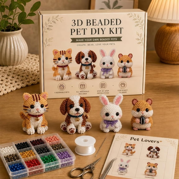 CNV Tiny 3D Beaded Animal DIY Kit, Complete Craft Set for Making Miniature Animal Figures, Colorful Bead Art Project with Instructions, Creative Hobby for Display, Collection or Gift (Pets)