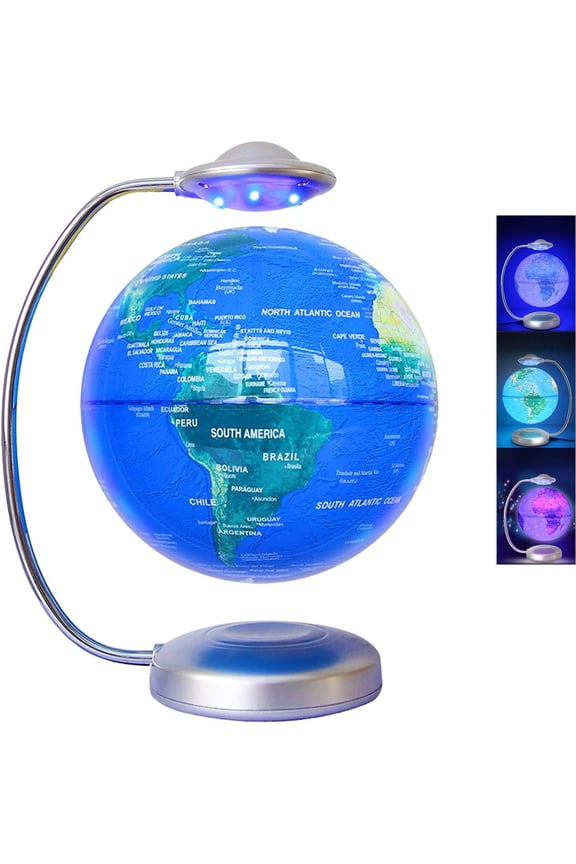 UFO Style Magnetic Levitation Globe - 8" Floating World Map with Multi-Color LED Lamp, High-Tech Perpetual Rotation Desktop Ornament for Modern Interior Decoration, Silver Base