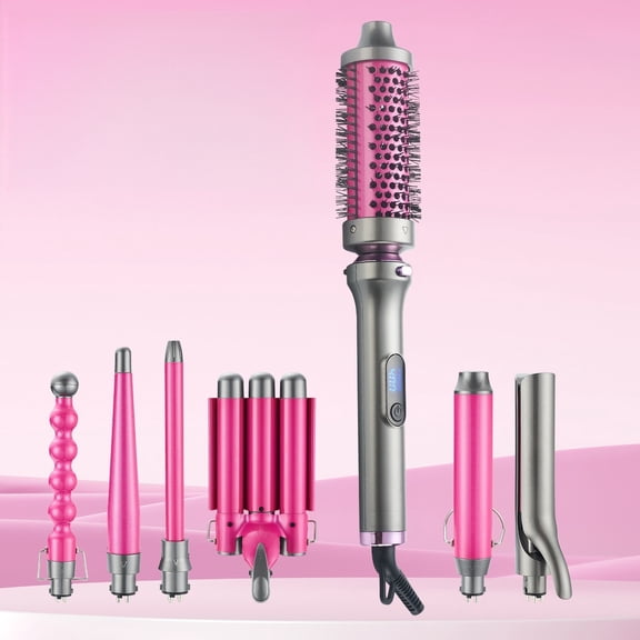 CNV Versatile Interchangeable Hair Wand Kit for Curls and Waves, 5-Piece Ceramic Tourmaline Styling Station with Thermal Volumizing Brush, Rapid PTC Heating Tool
