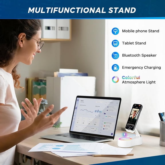 CNV-Wireless Bluetooth Speaker with 360 Rotatable Phone Holder, Multifunctional Adjustable Stand with Charging Compatible with Tablet for Home Desk (Whit