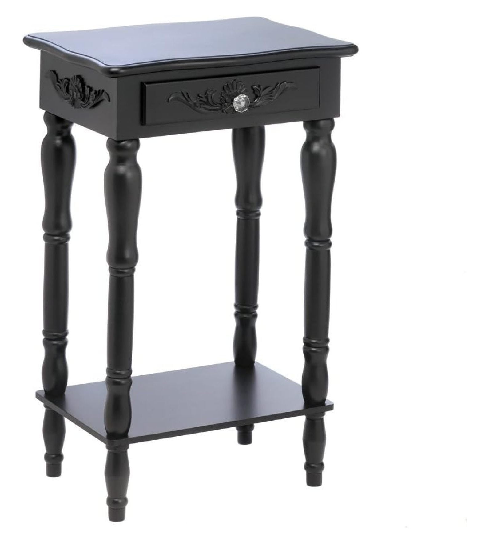 Curvy Carved Black Wood Side Table with Storage