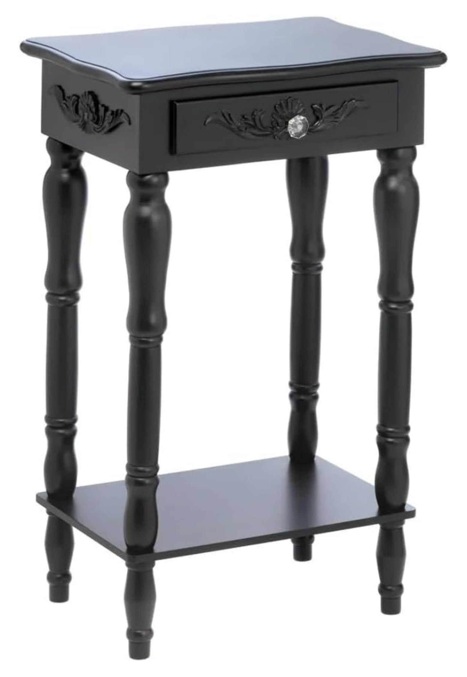 Curvy Carved Black Wood Side Table with Storage