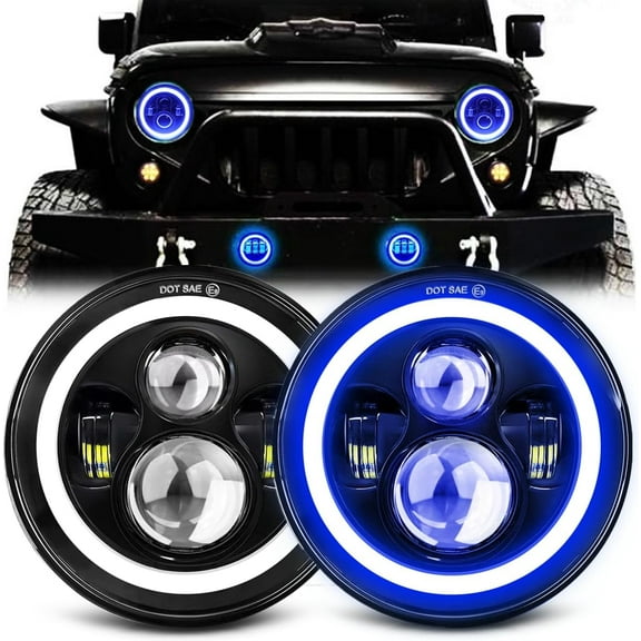 CO LIGHT 2PCS 7 Inch LED Headlights with Blue Halo Ring Amber Turn Signal Wrangler Headlights High/Low Sealed Beam Projector Compatible with JK LJ CJ TJ H6024 LED Headlamps