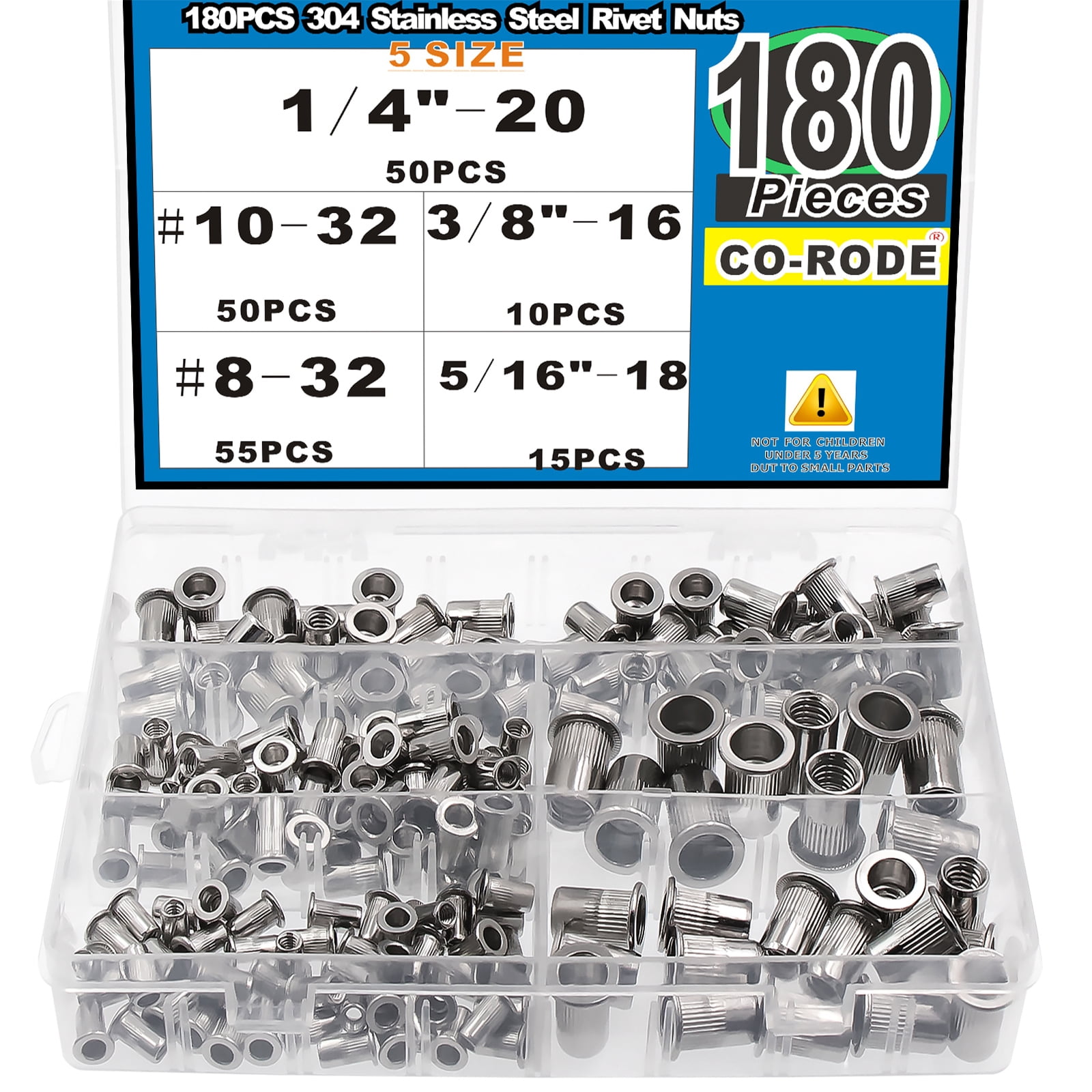 CO-RODE 180pcs 8-32 10-32 1/4-20 5/16-18 3/8-16 304 Stainless Steel Rivet Nuts Nutserts Assortment Kit