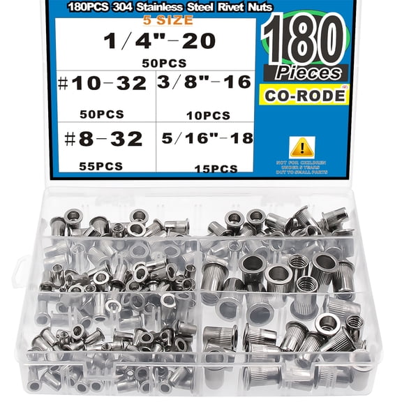 CO-RODE 180pcs 8-32 10-32 1/4-20 5/16-18 3/8-16 304 Stainless Steel Rivet Nuts Nutserts Assortment Kit