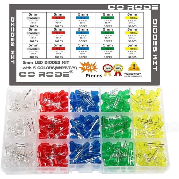 CO-RODE 450pcs 5mm LED Light Emitting Diodes Led Lamp Assorted Kit (White Blue Red Yellow Green)