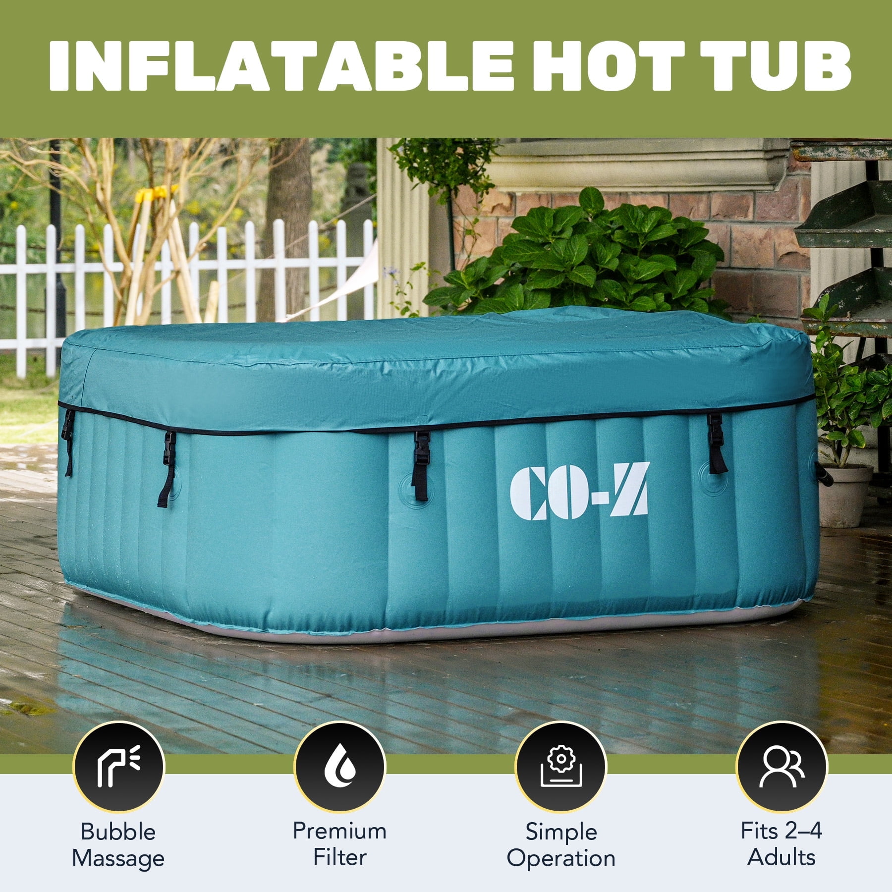 Walmart Black Friday Deals 2025 CO-Z 2-4 Person Inflatable Hot Tub Pool 5ft with Energy Efficient Spa Cover, Massage Jets and All Accessories Teal