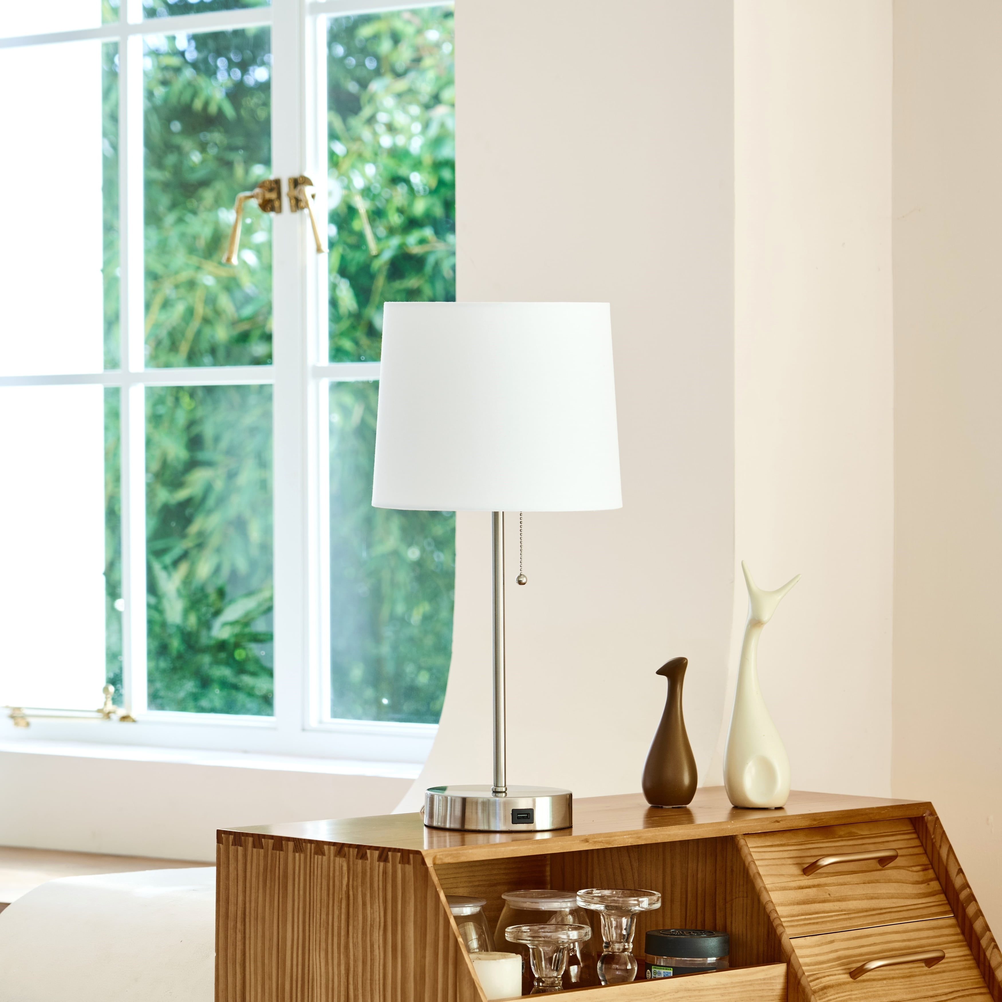 Brushed Nickel Table Lamp Set with White Fabric Shade
