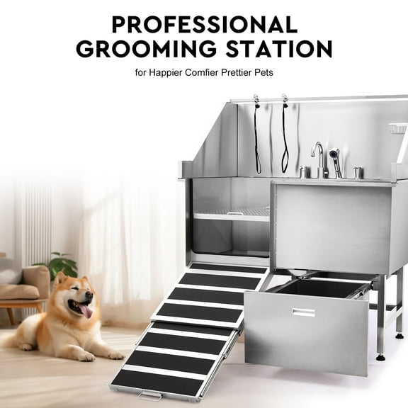 CO-Z 50 in Dog Grooming Tub with Nonskid Retractable Ramp for Large Dogs, Professional Dog Bathing Station, Stainless Steel Dog Washing Station with Swivel Faucet Pull Out Showerhead Storage Drawer