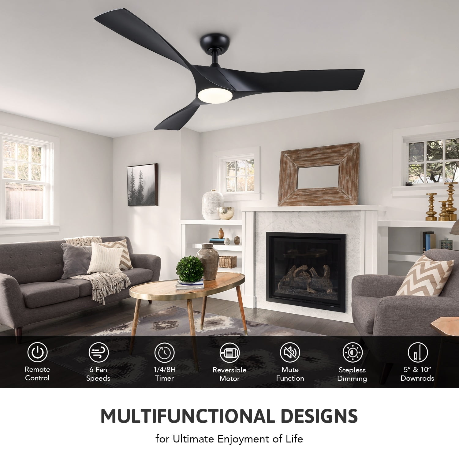 52" Black Modern Ceiling Fan with Dimmable LED Light and Remote